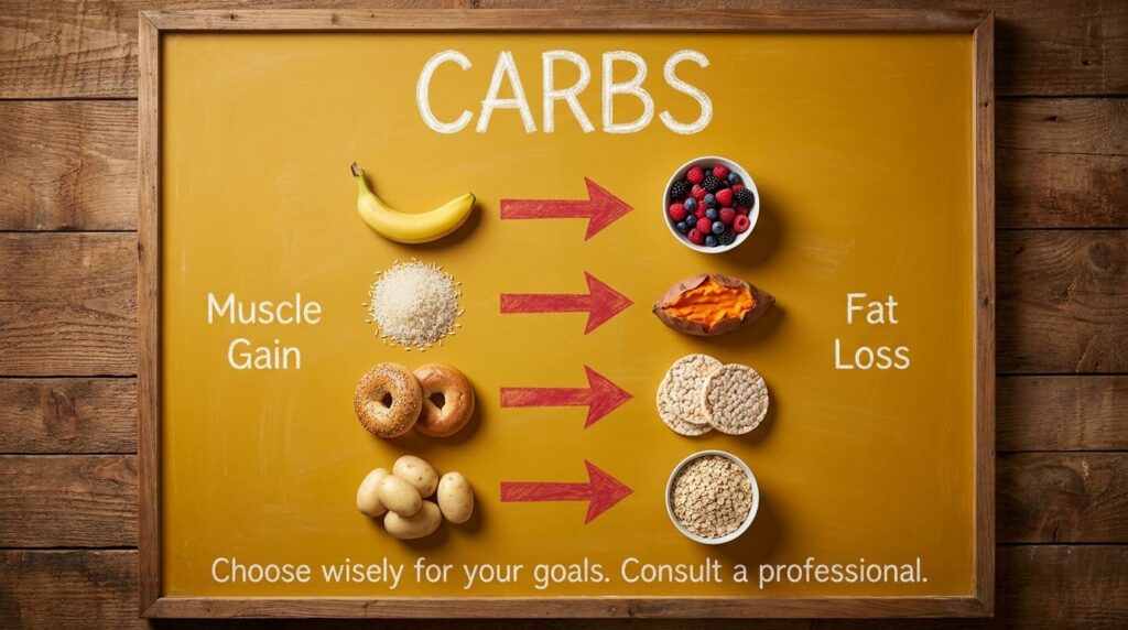 An infographic comparing carbohydrate choices for Muscle gain versus Fat loss It features four pairs of food items Banan