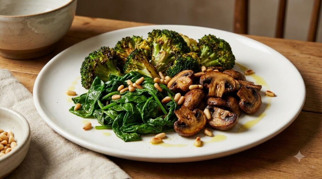 A colorful array of cooked protein-rich vegetables such as roasted broccoli steamed spinach and sautéed mushrooms arrang