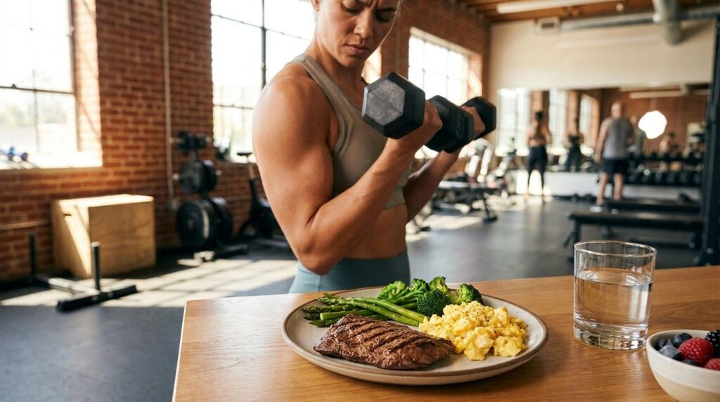 A person lifting weights in a gym highlighting muscle gain with a healthy meal containing beef and eggs in the foregroun