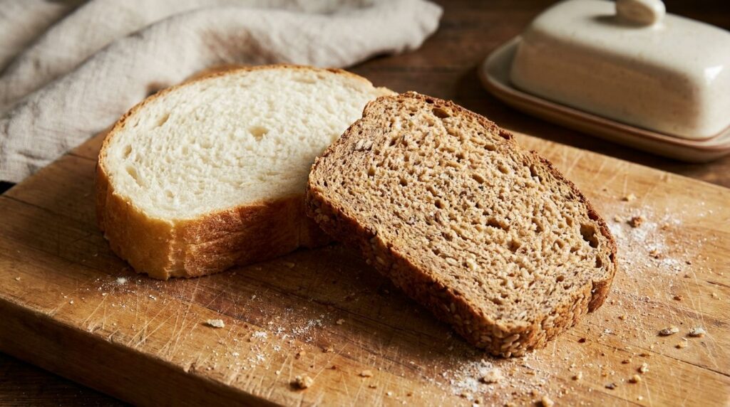 Two slices of bread one white and one whole wheat side by side on a cutting board