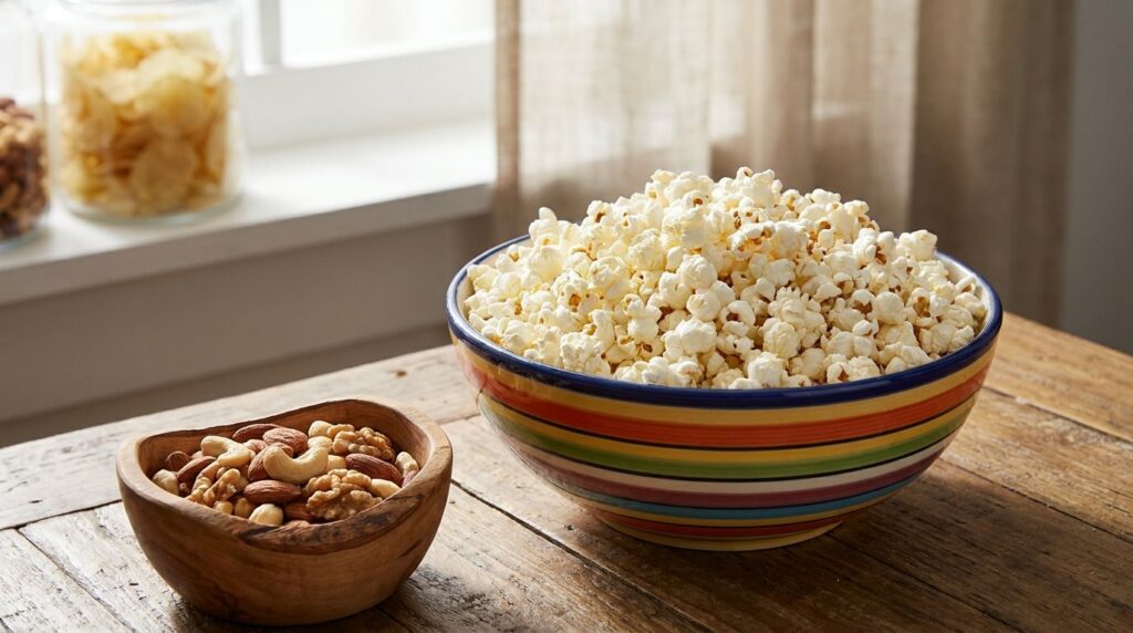 A bowl of air-popped popcorn next to a small bowl of mixed nuts with a bag of potato chips in the background out of focu