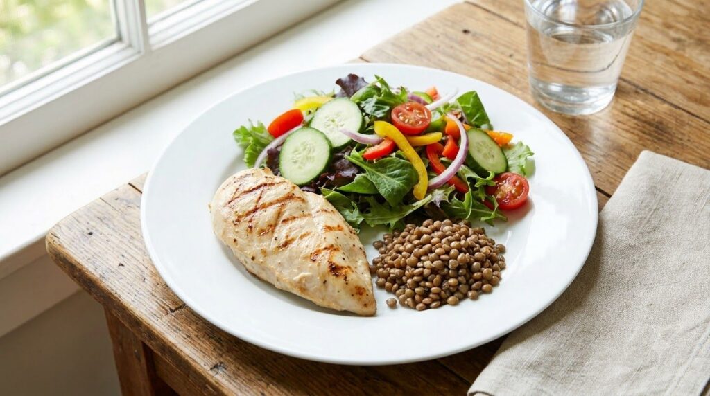 A balanced meal focused on fat loss featuring grilled chicken breast a large salad and a side of lentils on a clean whit