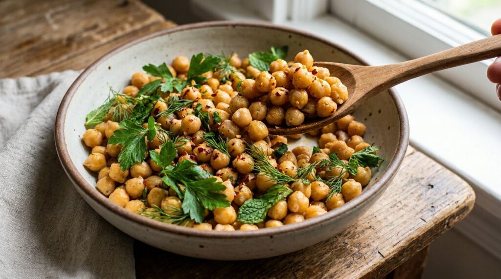A vibrant bowl of cooked chickpeas seasoned with herbs with a spoon digging in