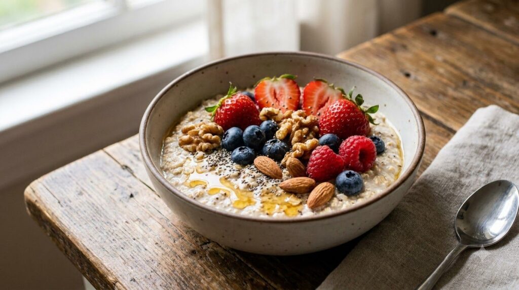 A healthy vibrant breakfast bowl featuring overnight oats topped with fresh berries nuts and a drizzle of honey