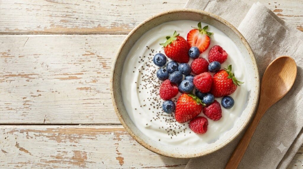 A vibrant bowl of plain Greek yogurt topped with a colorful mix of fresh berries strawberries blueberries raspberries an