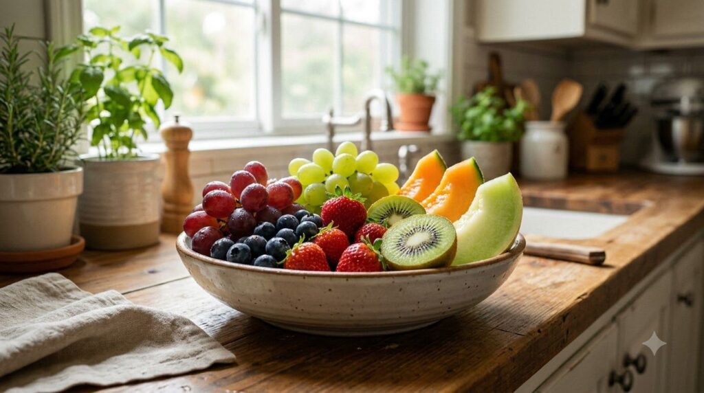 A variety of colorful fresh fruits arranged appealingly in a bowl with water droplets visible on some suggesting freshne
