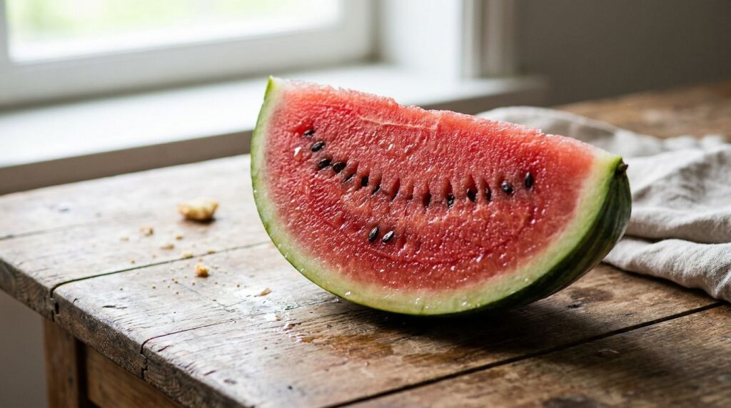 A close-up of a vibrant red watermelon slice on a rustic wooden table glistening with water droplets highlighting its re