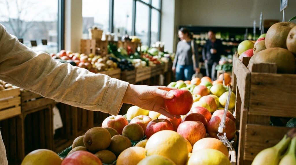 A person thoughtfully selecting fresh fruit at a grocery store with vibrant colors and a healthy atmosphere