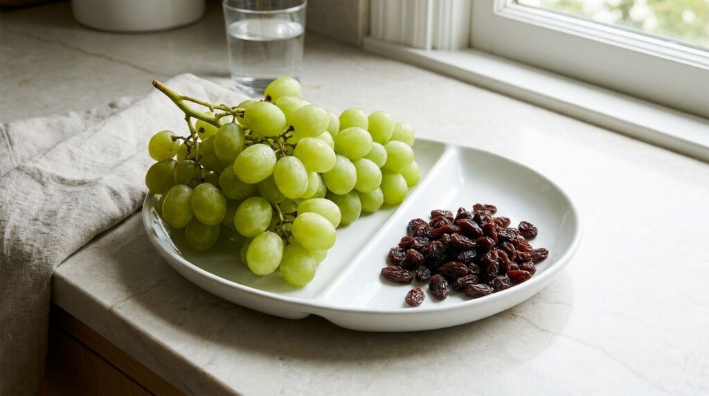 A balanced plate with both fresh grapes and a small portion of raisins clearly showing the size difference for similar c