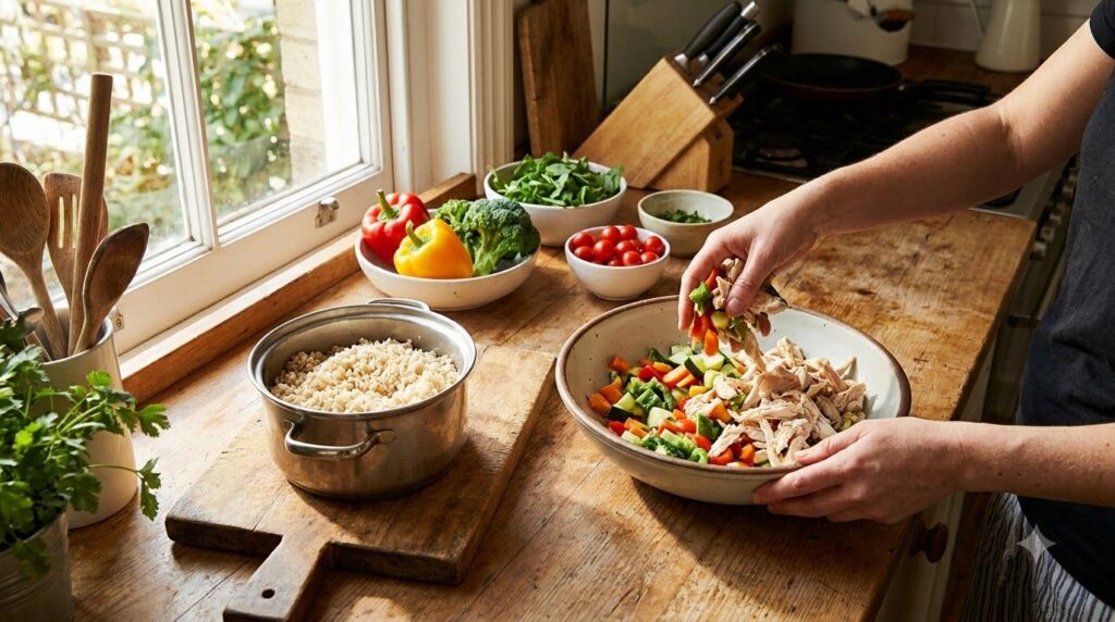 A person preparing a meal with various protein sources like chicken vegetables and rice on a kitchen counter