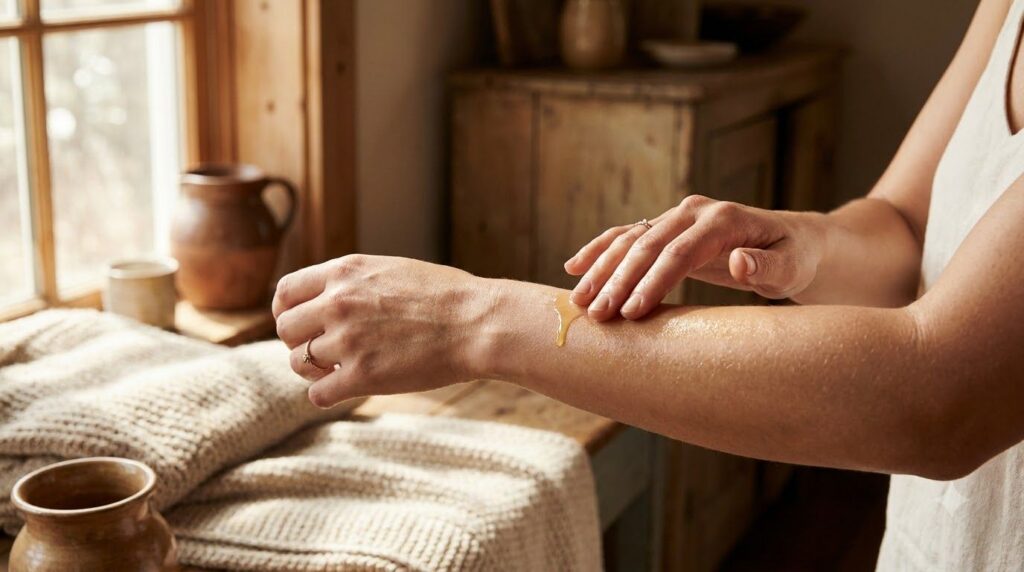 A woman gently massaging a small amount of oil onto her arm showcasing smooth hydrated skin in soft natural light
