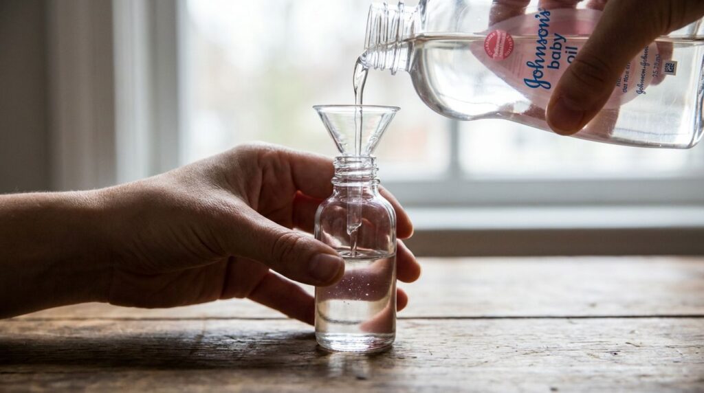 Close-up of a small clean glass bottle being filled with Johnson s Baby Oil using a funnel on a light background