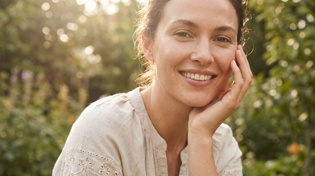 A woman with a radiant youthful-looking complexion gently touching her cheek against a soft sunlit background emphasizin