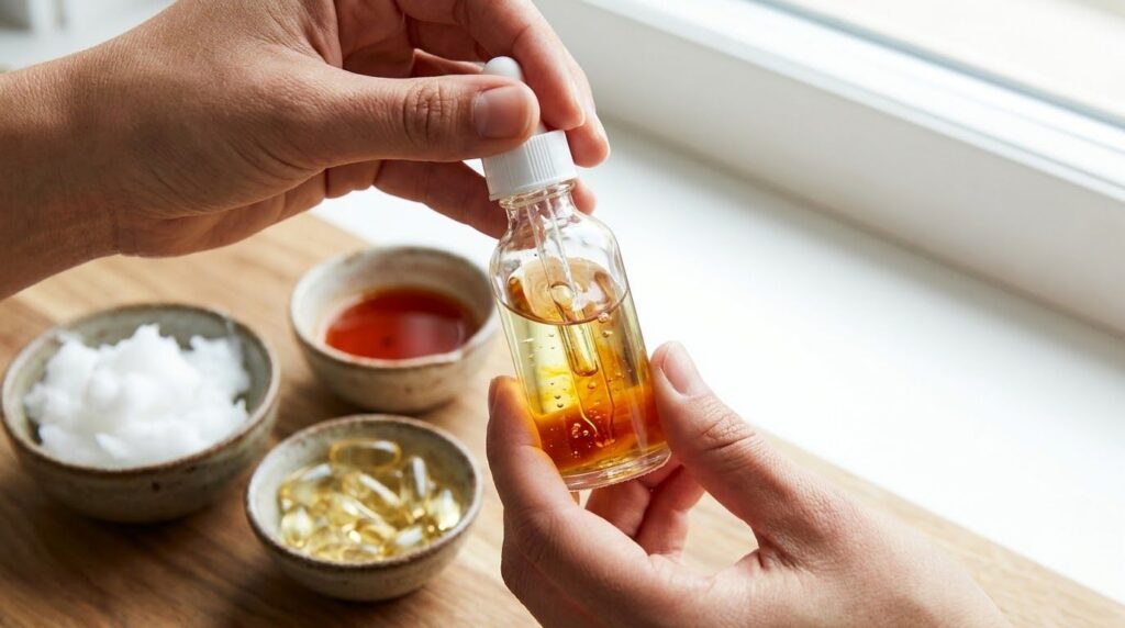 Hands mixing oils in a small glass dropper bottle with a focused shot on the liquid blend surrounded by tiny bowls of co