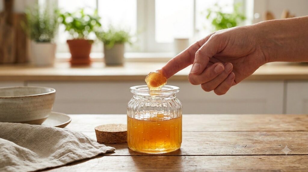 A small jar of the homemade turmeric and clove collagen gel with a finger gently scooping a tiny amount