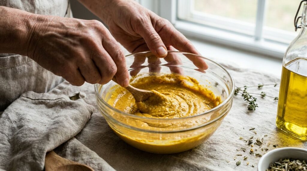 A woman gently mixing the Vaseline turmeric and clove powder in a small bowl with a spoon