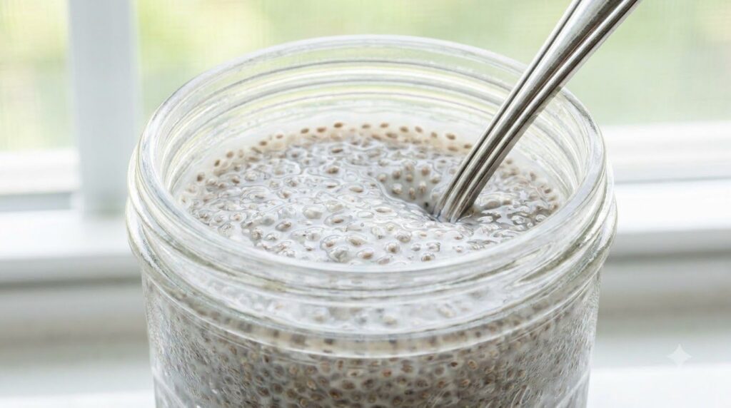 A close-up of fully hydrated chia seeds after an overnight soak showing a thick gelatinous pudding-like consistency