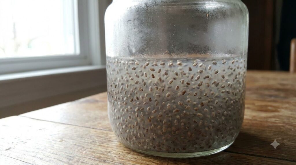 A close-up of chia seeds soaked for 30 minutes showing individual seeds and a thin gel
