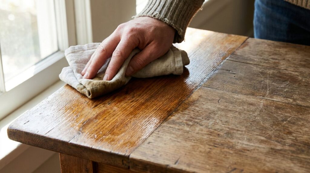 A person s hand applying homemade wood varnish to a dull wooden table with a soft cloth showing the treated area startin