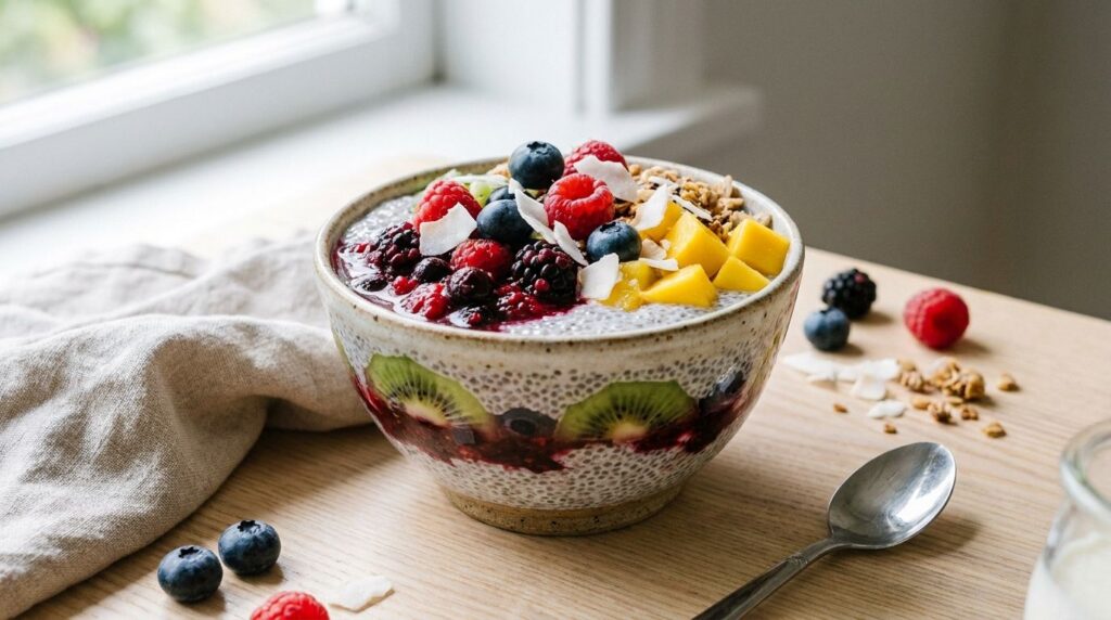 A vibrant bowl of chia pudding topped with various fruits like berries kiwi and mango showcasing its versatility and hea