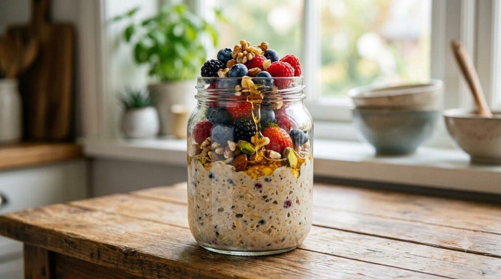 A bowl of creamy overnight oats topped with fresh berries nuts and a drizzle of honey ready to eat