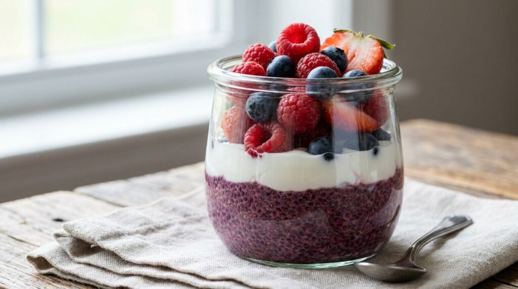 A close-up shot of a single glass jar of finished Greek Yogurt Berry Chia Pudding topped with fresh mixed berries and a 