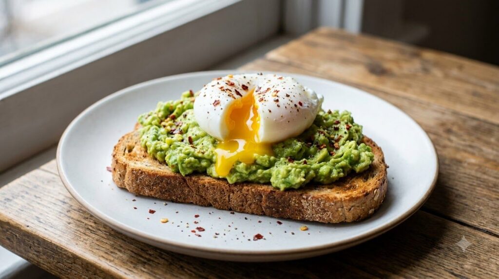 A perfectly poached egg resting on a bed of mashed avocado on a slice of golden-brown whole-grain toast sprinkled with s