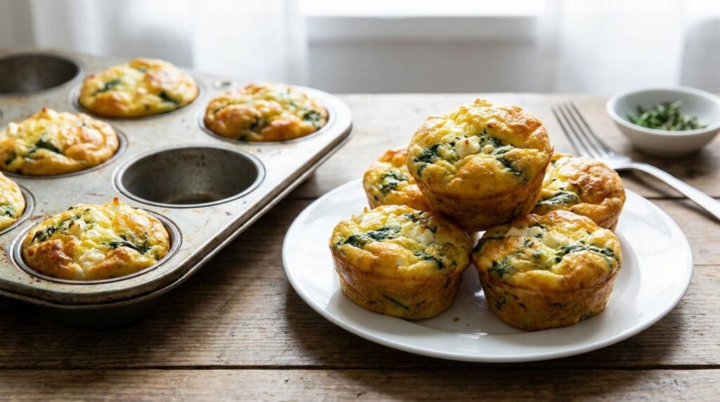 A few golden-brown spinach and feta egg muffins in a muffin tin with some removed and stacked on a plate looking light a