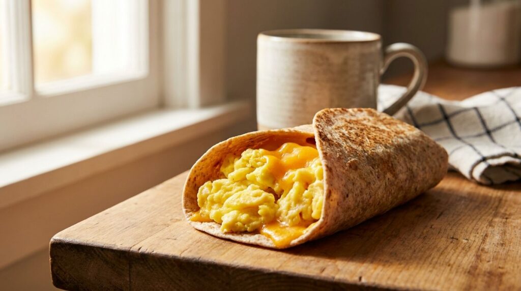 A close-up of a cheesy scrambled egg breakfast wrap filled with fluffy eggs and melted cheese lightly toasted and ready 