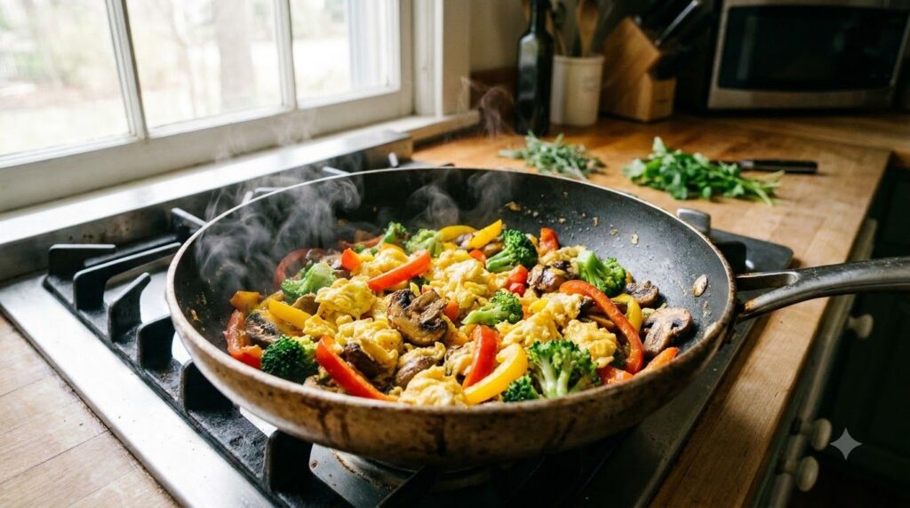 A colorful egg and vegetable stir-fry in a pan with scrambled eggs mixed with vibrant bell peppers broccoli and other fr