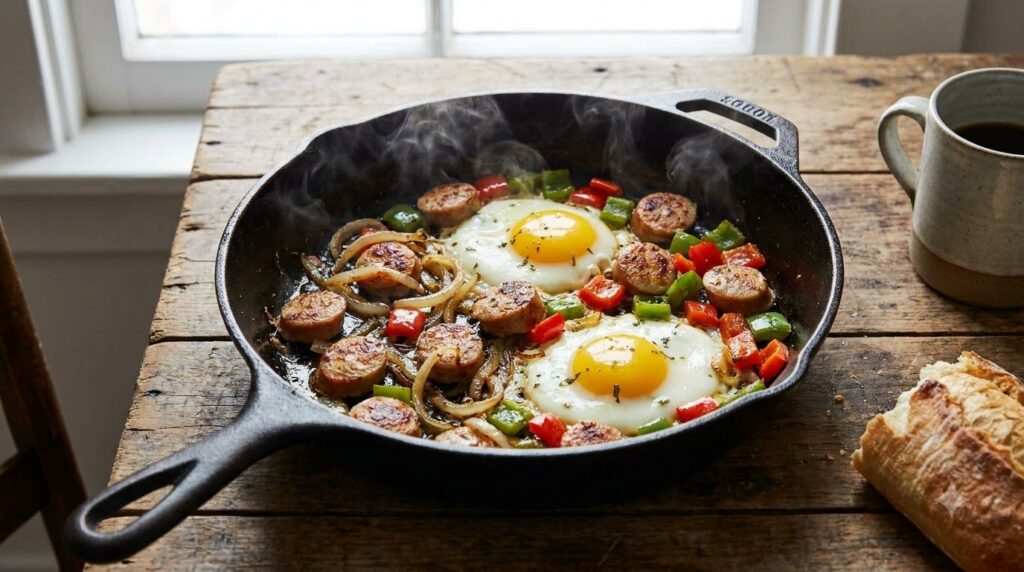 A sizzling protein-packed egg and sausage skillet with two fried eggs nestled among browned sausage slices diced bell pe