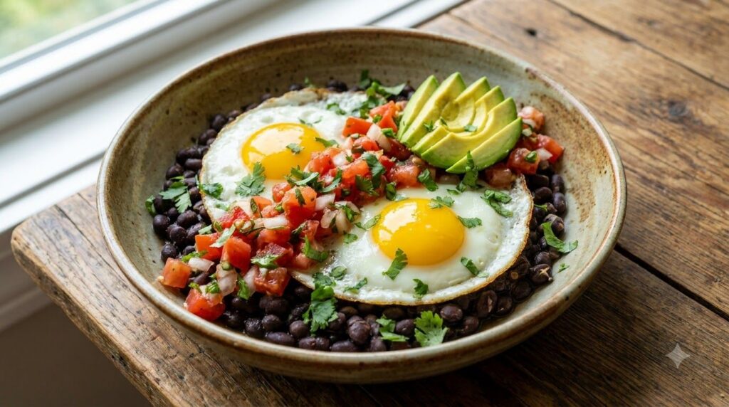 A vibrant and hearty Speedy Huevos Rancheros Bowl featuring fried eggs black beans fresh salsa and sliced avocado garnis