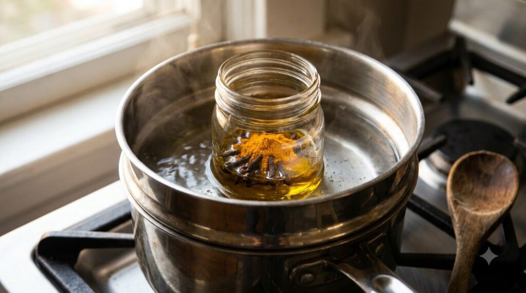 A close-up of a small glass jar containing whole cloves and turmeric powder mixed with olive oil gently warming in a dou