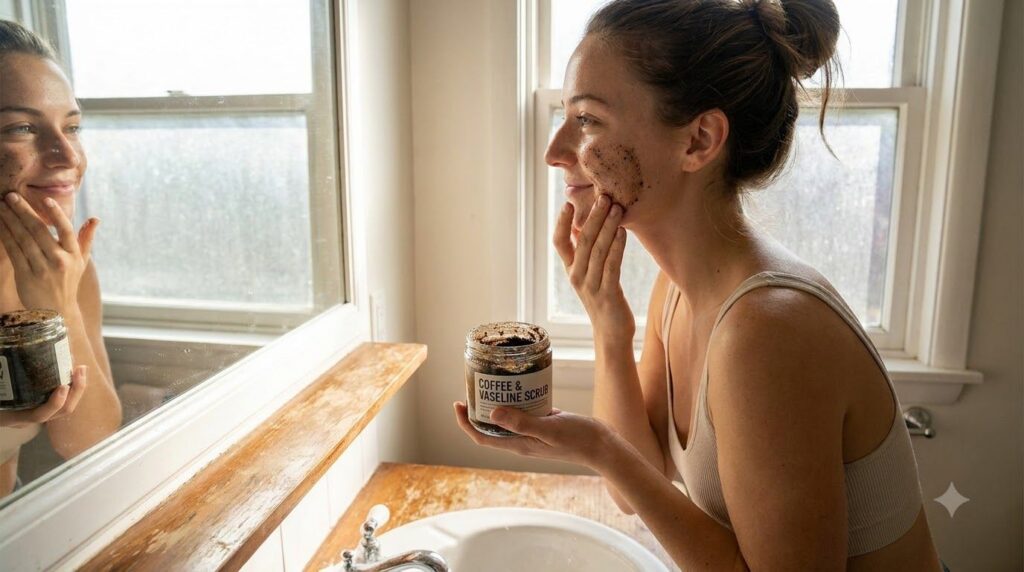 A woman gently massaging a homemade coffee and Vaseline scrub onto her face looking at a mirror with a soft smile in a b