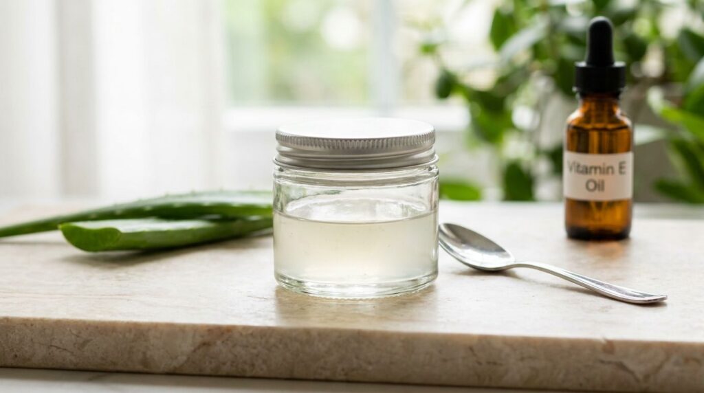 A close-up of a small glass jar filled with a homemade translucent night gel with a spoon beside it and natural ingredie