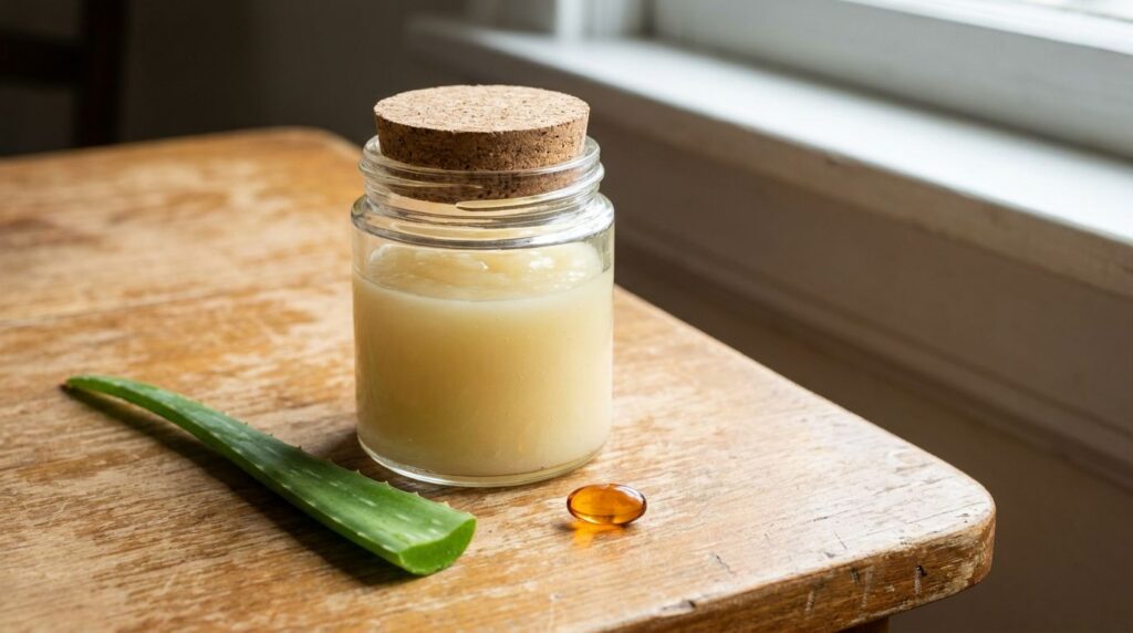 A small clear glass jar filled with the finished homemade collagen gel sitting on a wooden surface with a fresh aloe ver