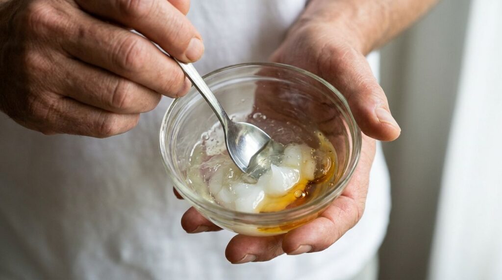 Hands mixing Vaseline aloe vera gel and vitamin E oil in a small glass bowl with a spoon showing the blending process of