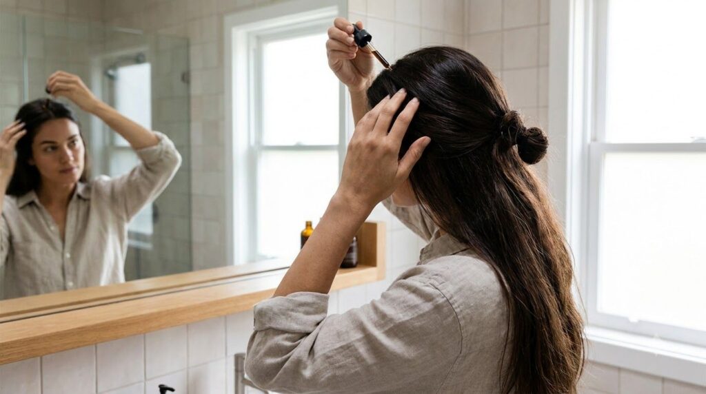 A woman gently massaging Amla hair serum into her scalp and hair