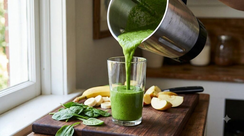 A vibrant green smoothie being poured from a blender into a glass with fresh spinach and fruit on the side