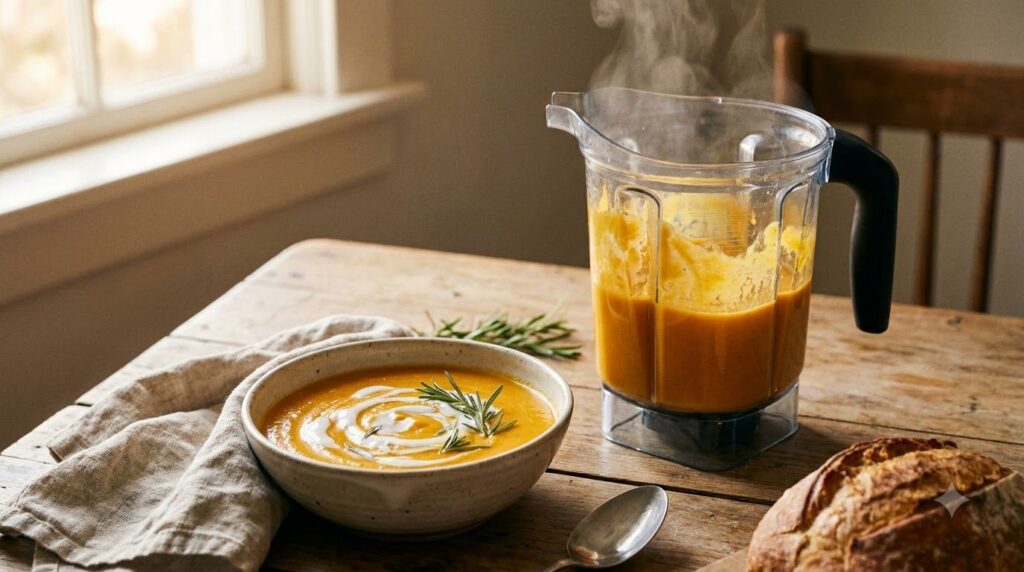 A bowl of creamy orange butternut squash soup garnished with fresh herbs next to a blender