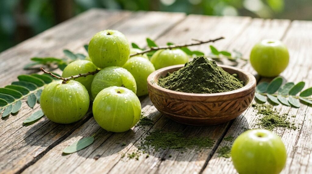 Fresh Amla fruits and a small bowl of dark Amla powder on a natural wooden surface