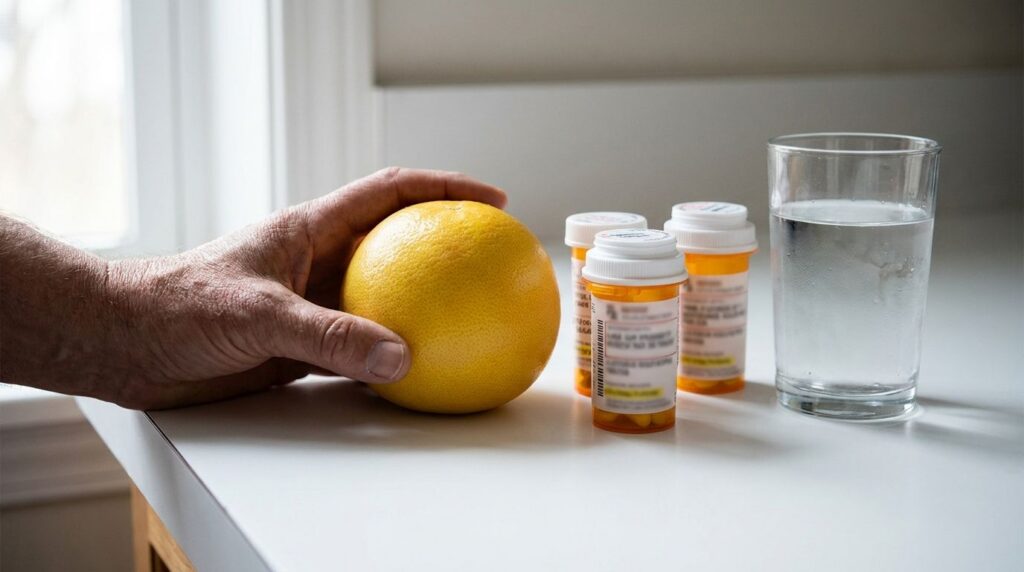 A person s hand holding a fresh grapefruit next to an assortment of various pill bottles and a glass of water illustrati