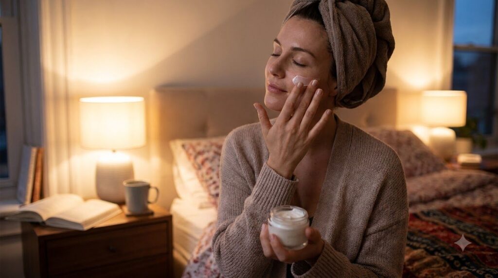 A woman gently applying a thin layer of night cream to her face before bed her eyes closed in a softly lit bedroom