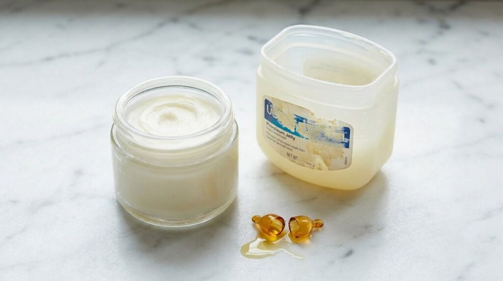 A small glass jar filled with the freshly mixed DIY night cream next to the empty petroleum jelly jar and a snipped vita