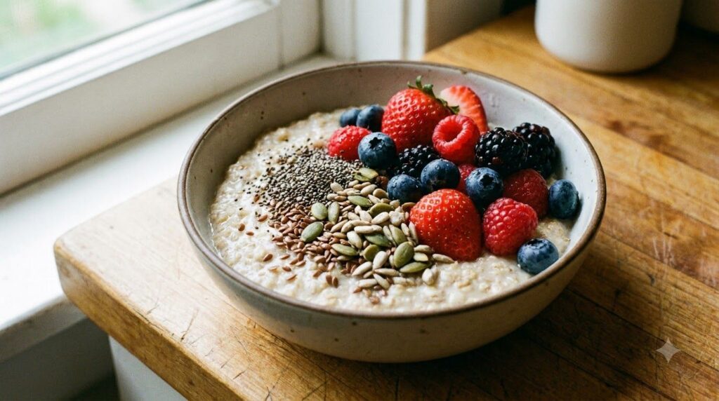 A close-up shot of a healthy breakfast bowl filled with oatmeal berries and a generous sprinkle of mixed seeds chia flax