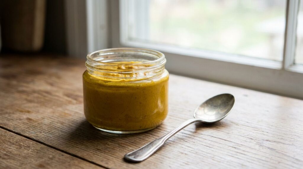 A small glass jar filled with the freshly made yellow turmeric cream next to a mixing spoon
