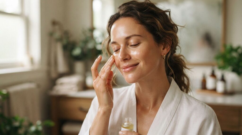 A woman gently applying a few drops of the homemade infused baby oil to her cheek with her fingertips showing a soft glo