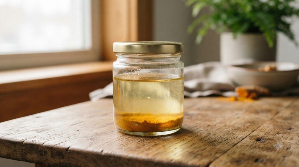 A clear glass jar containing baby oil and turmeric powder visibly infusing The jar is on a rustic wooden surface with so