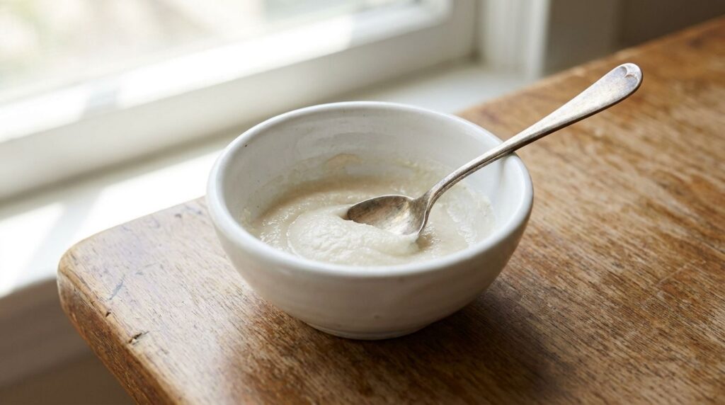 Close-up of a small bowl containing the aspirin and baby oil mixture being stirred with a small spoon showing a smooth p