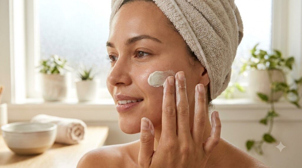 A woman gently applying the aspirin and baby oil gel to her cheek demonstrating the application step of the beauty remed